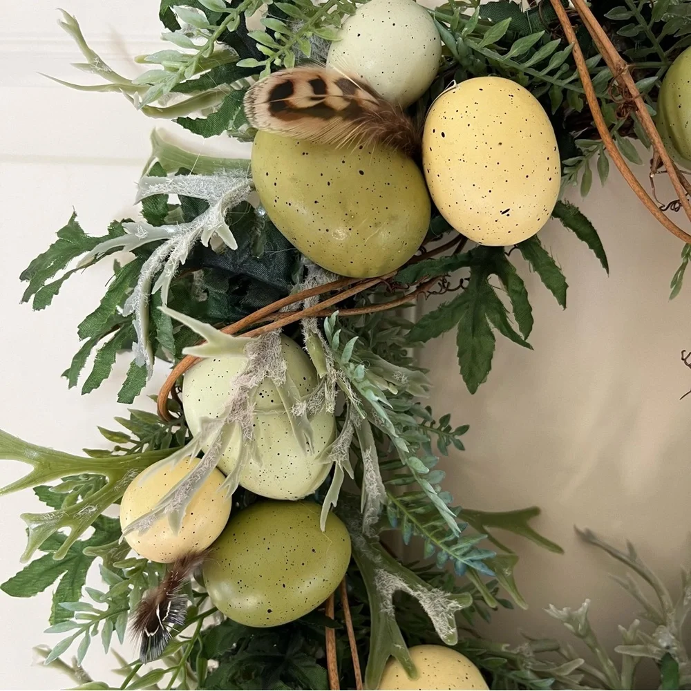 Spring Greenery Grapevine Wreath with Speckled Eggs and Delicate Feathers